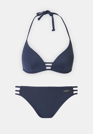 Navy blue bikini set featuring a triangle top with three horizontal straps and matching bottom with cut-out sides and logo detail.