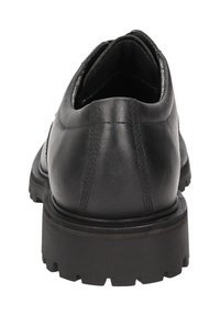 Scarpa di pelle nera con una superficie liscia, suola in gomma spessa e cuciture dettagliate sul retro. Tacco arrotondato per un supporto aggiuntivo.