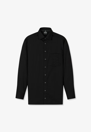 Black long-sleeve button-up shirt with a collar, featuring a left chest pocket and a smooth texture. Simple design with six buttons down the front.