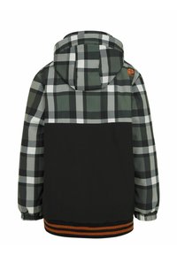 Veste à capuche avec un motif à carreaux vert et noir en haut et un bas noir uni. Poignets élastiques et ourlet rayé orange.