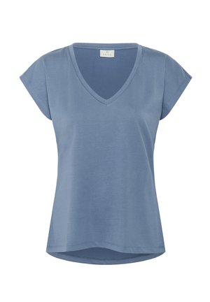 T-shirt blu con scollo a V e maniche corte. Realizzato in un tessuto morbido, presenta una vestibilità ampia e un orlo curvo. Tessuto liscio senza motivi rilevanti.
