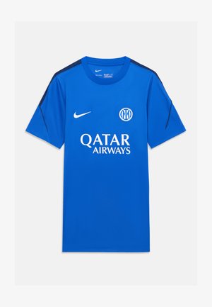 Maillot de sport bleu à manches courtes avec logo blanc Nike, emblème de l'Inter Milan et texte du sponsor Qatar Airways à l'avant.