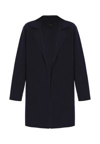Cardigan lungo navy realizzato in tessuto morbido con colletto a scialle, apertura frontale e maniche lunghe. Design minimalista, senza chiusure né decorazioni.