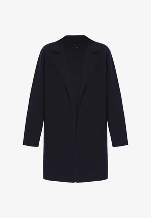 Cardigan lungo navy realizzato in tessuto morbido con colletto a scialle, apertura frontale e maniche lunghe. Design minimalista, senza chiusure né decorazioni.