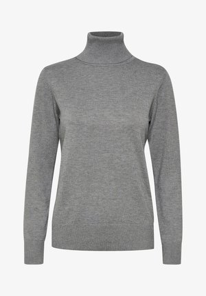 Szary sweter w golf wykonany z dzianiny, z długimi rękawami, ściągaczami na rękawach oraz ściągaczem przy kołnierzu, charakteryzujący się gładką teksturą i dopasowanym krojem.