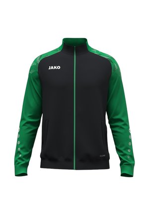 Sort og grøn sportjakke med fuld lynlås foran, grønne ærmer, prikkede mønstre på skuldre og arme samt "JAKO"-logo på brystet.