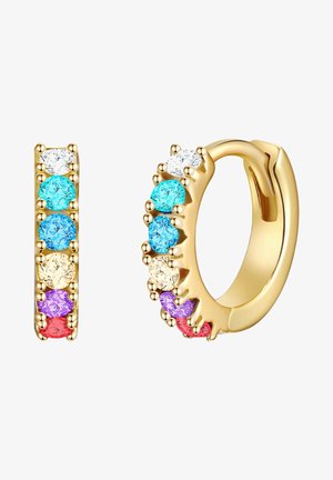 Boucles d'oreilles en or en forme de créole ornées de pierres précieuses multicolores : turquoise, violet, rouge et blanc, disposées à l'avant dans un sertissage en griffes.