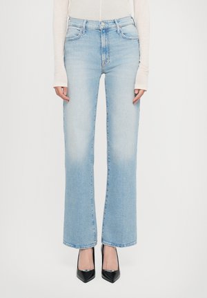 Light blue denim jeans with a high waist, straight leg design, faded texture, and subtle whiskering on the front. Clean hem.