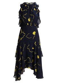 Laivasilkkinen mekko, jossa on keltainen abstrakti printti, röyhelöhihoja, istuva vyötärö ja epäsymmetrinen helma. Valmistettu kevyestä, virtaavasta kankaasta.