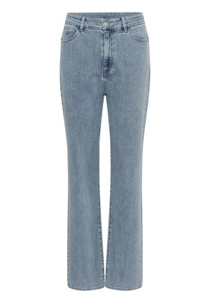 Hele sinised teksapüksid kõrge vöökohaga, ees nööpide ja tõmblukuga, esikülje ja tagakülje taskud ning veidi läbi laiendatud sääred.