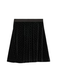 Zwarte fluwelen rok met een uitlopende snit, versierd met kleine witte stippen en een elastische tailleband voor comfort.