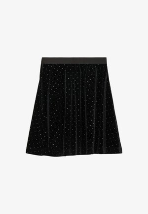 Schwarzer Samtrock mit schmeichelhaftem Design, verziert mit kleinen weißen Punkten und einem elastischen Bund für zusätzlichen Komfort.