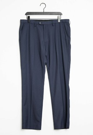 Granatowe spodnie wykonane z gładkiego materiału, z prostymi nogawkami, dwoma bocznymi kieszeniami i pojedynczym zapięciem na guzik w pasie.