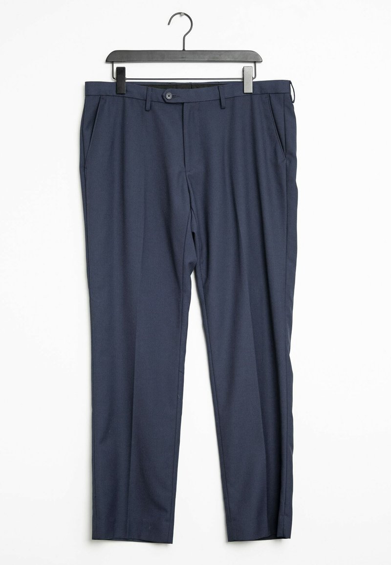 Navyblauwe broek van een gladde stof, met een rechte pijpdesign, twee zijzakken en een enkele knoopsluiting bij de taille.