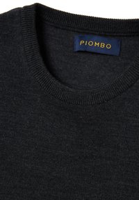 Maglione grigio scuro a maglia con scollatura a girocollo e leggera texture. Presenta un'etichetta blu con testo dorato che recita "PIOMBO."