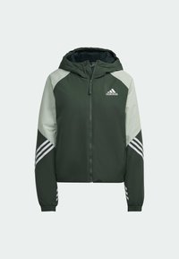 Vihreä hupullinen takki harmailla yksityiskohdilla, vetoketjulla suljettava, joustavat resorit hihoissa ja kolme valkoista raitaa kussakin hihassa. Rinnassa logo.