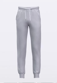 Light gray sweatpants with an elastic waistband, adjustable drawstring, and ribbed cuffs. Made of soft, textured fabric with side pockets.