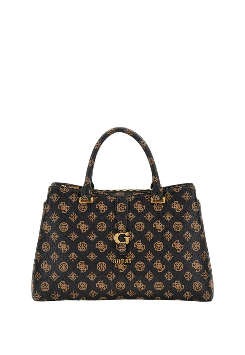 Borsa sintetica marrone con hardware dorato, caratterizzata da un motivo geometrico con logo e manici doppi. Chiusura con cerniera nella parte superiore.