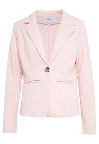 Ljusrosa blazer i mjukt tyg, med skärpkrage, enstaka knappstängning och två framfickor med sömdetalj.