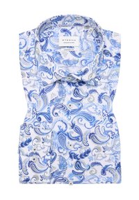 Witte shirt met blauw en grijs paisleypatroon, met een button-down kraag en één opgestikte pocket. Gemaakt van dynamisch katoen, met een comfortabel pasvormdesign.