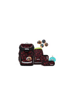 Red and black patterned school backpack set with matching gym bag, pencil case, wallet, round patches, and blue fluffy keychain with eyes.