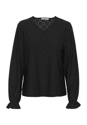 Črn dolg rokav s V-izrezom, ki se ponaša z zapletenimi očesnimi vzorci in volančastimi manšetami. Narejen iz lahkega, teksturiranega materiala.