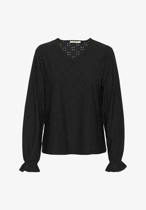 Črn dolg rokav s V-izrezom, ki se ponaša z zapletenimi očesnimi vzorci in volančastimi manšetami. Narejen iz lahkega, teksturiranega materiala.