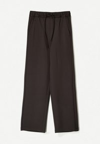 Svarta vida byxor med elastisk midja och justerbar dragsko. Har två sidfickor och en mjuk, slät tygstruktur.