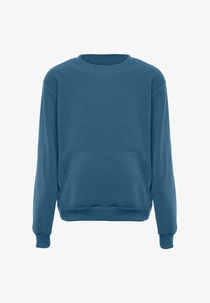 Felpa blu realizzata in tessuto morbido, con scollatura tonda, maniche lunghe, tasca frontale e bordi a costine. Design a taglio dritto.