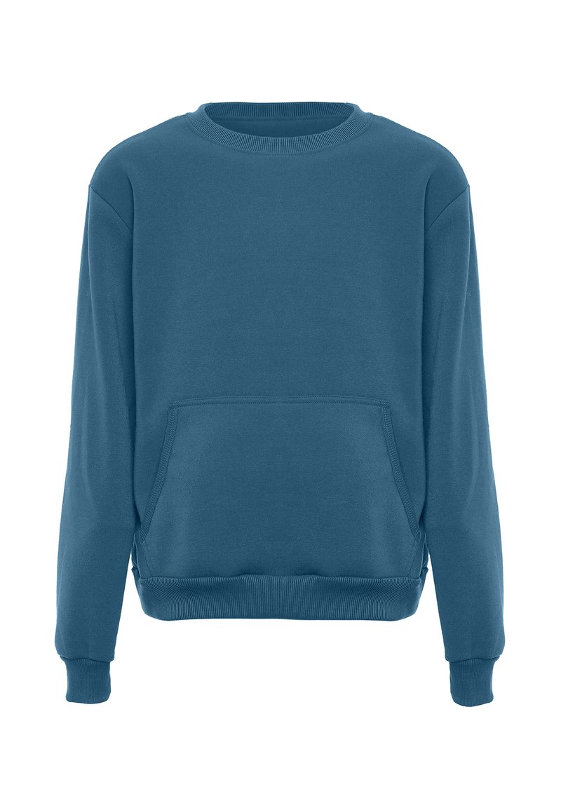 Felpa blu realizzata in tessuto morbido, con scollatura tonda, maniche lunghe, tasca frontale e bordi a costine. Design a taglio dritto.