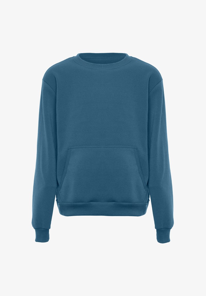 Felpa blu realizzata in tessuto morbido, con scollatura tonda, maniche lunghe, tasca frontale e bordi a costine. Design a taglio dritto.