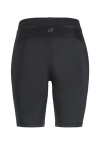 Pantaloni sportivi neri realizzati in tessuto elastico, con una texture liscia, design aderente e un logo sulla vita.