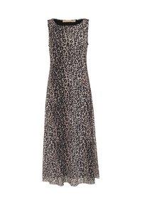 Rochie fără mâneci cu imprimeu leopard în nuanțe de bej și negru, având un decolteu rotund și un design fluid, lung până la glezne. Textură de țesătură netedă.