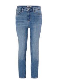 Vaqueros de mezclilla azul, corte recto, cintura media, diseño de cinco bolsillos, con cremallera y cierre de botón, que presenta un ligero desvanecimiento y detalles de costura.