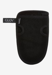 Schwarze Peeling-Handschuhe aus weichem, strukturiertem Material, mit zwei Grifföffnungen und einem Markenetikett für eine einfache Handhabung und Nutzung.
