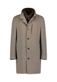 Cappotto in lana beige con colletto alto, foderato in pelliccia sintetica marrone, chiusura frontale a bottoni, due tasche laterali e una tasca sul petto con zip.