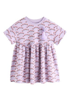 Lavendelfarbenes Kurzarmkleid für Kleinkinder mit rosa Blumenmuster und einer kleinen lila Hasen-Applikation auf der Brust.