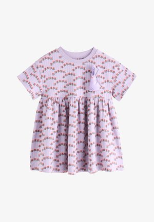 Lavendel kortærmet toddler kjole med pink blomster mønster og en lille lilla kanin applikation på brystet.