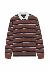 Brown long-sleeve polo shirt with horizontal navy and white stripes. Features a white collar and a small embroidered logo on the chest.