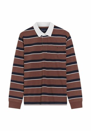 Brun långärmad polo med horisontella marinblå och vita ränder. Har en vit krage och en liten broderad logotyp på bröstet.