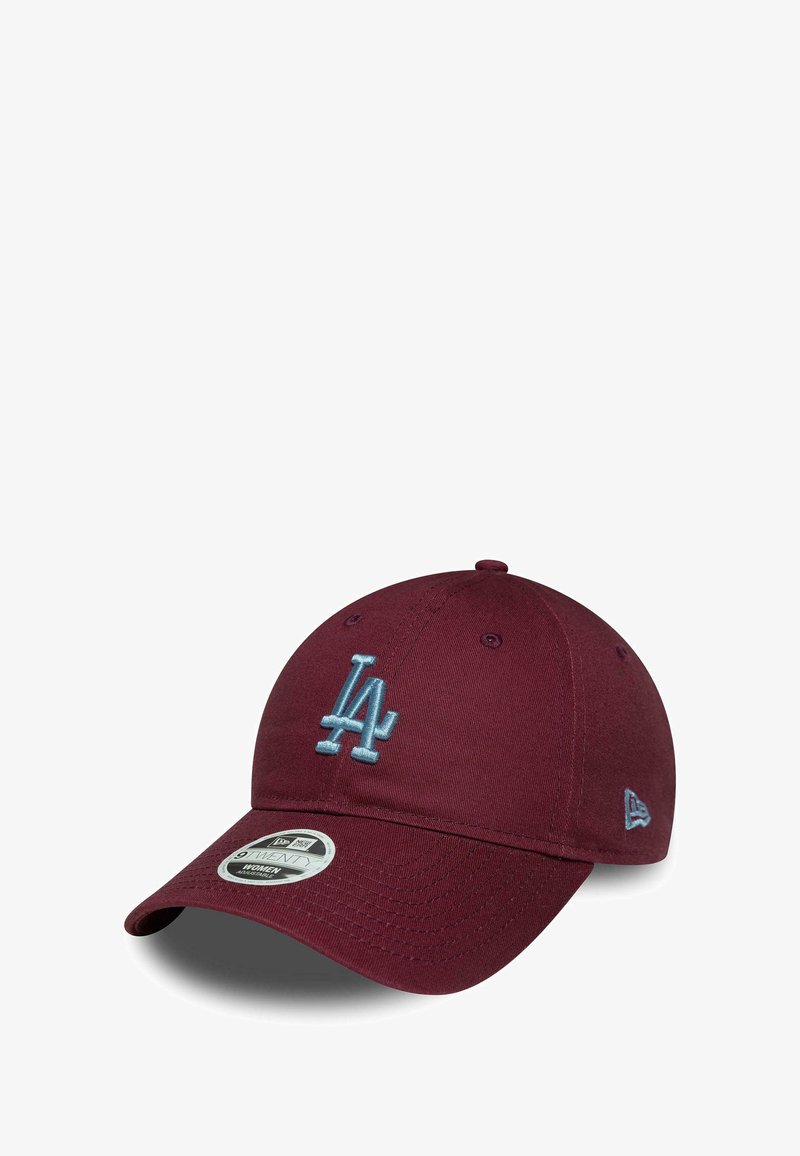 Maroon baseball cap with light blue embroidered "LA" logo, curved brim, and ventilation eyelets, featuring a silver New Era badge on the brim.