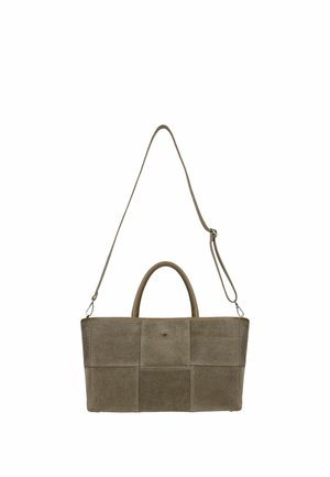 Prostokątna torebka zamszowa w kolorze taupe z wzorem patchwork, dwoma uchwytami oraz odpinanym, regulowanym paskiem na ramię.
