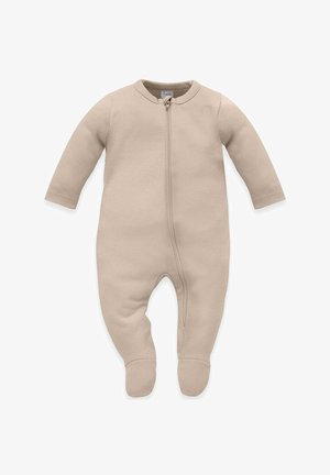 Beżowy jednoczęściowy kombinezon dla niemowląt wykonany z miękkiego materiału, z długimi rękawami, zamkiem błyskawicznym z przodu oraz ze stopkami dla komfortu i ciepła.