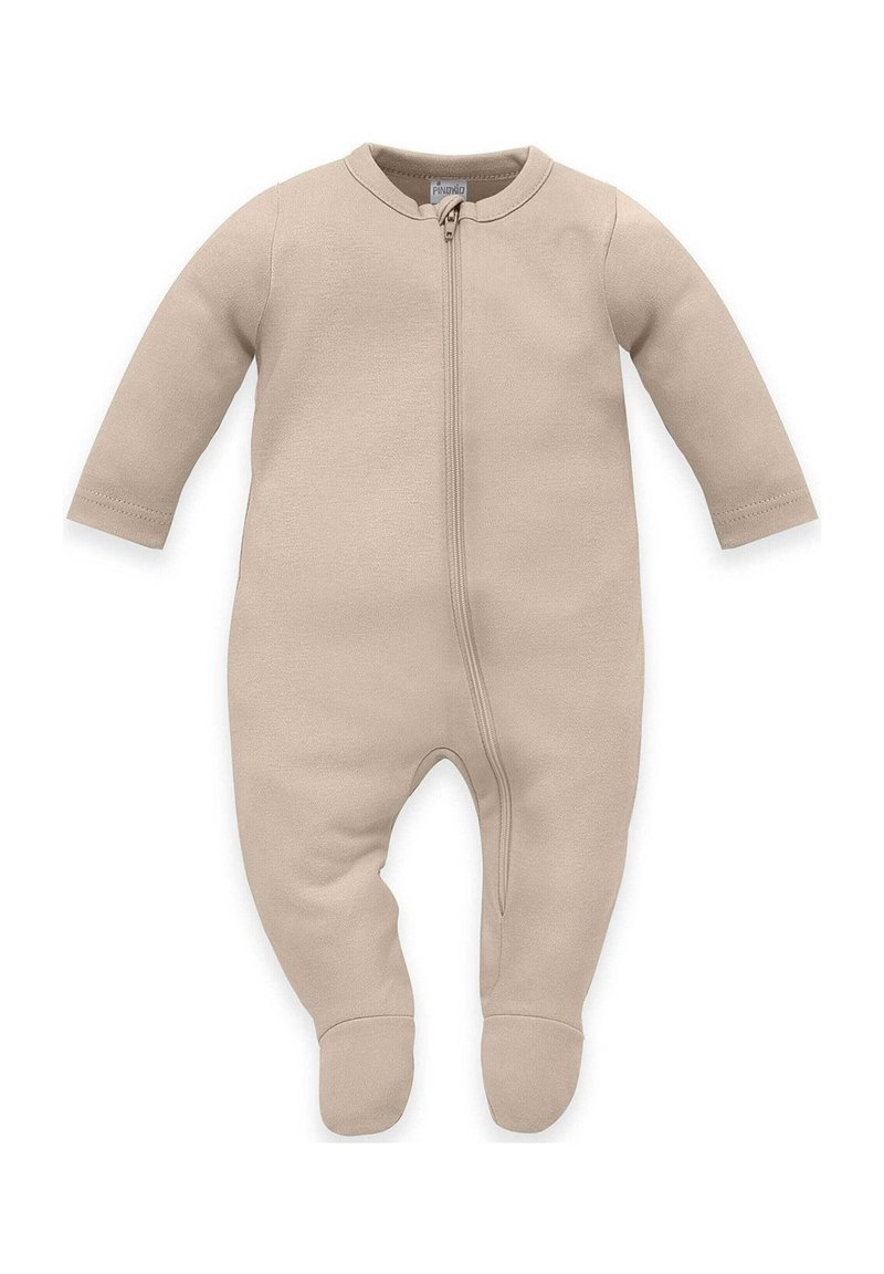 Beiger Einteiler für Babys aus weichem Material, mit langen Ärmeln, einem Frontreißverschluss und Fußdesign für Komfort und Wärme.