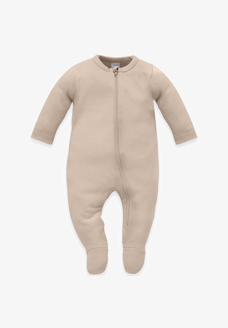 Beige heldragt til baby lavet af blødt materiale, med lange ærmer, en lynlås fortil og foddesign for komfort og varme.