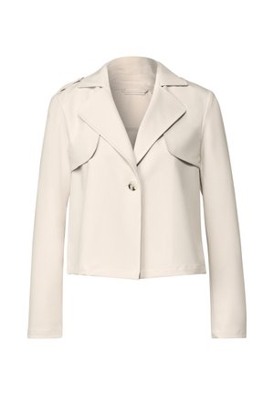 Veste blanche ajustée avec un col cranté, un bouton unique à l'avant et des manches longues. Tissu lisse avec des détails structurés aux épaules.