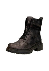 Zwarte leren enkellaars met een gestructureerde afwerking, ronde neus, vetersluiting en een stevige rubberen zool. Voorzien van metalen oogjes en een achtertab.