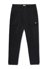 Zwarte joggerbroek met elastische tailleband, trekkoord, zijzakken en een klein rechthoekig label op de linker dij.