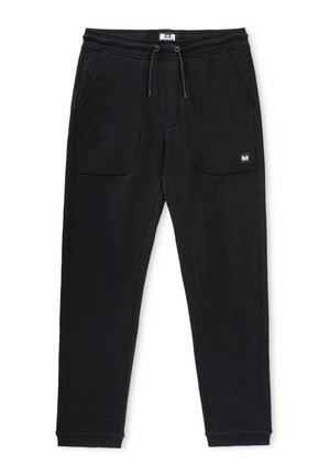 Black jogger pants with elastic waistband, drawstring, side pockets, and small rectangular patch on the left thigh.
