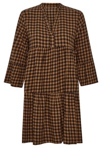 Braunes und beiges kariertes Kleid, V-Ausschnitt, lange Ärmel, geschichtete Gestaltung, aus weichem Stoff mit lockerer Passform.